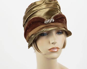 Vintage 1920s Cloche Hat Brown Velvet and Bronze NOS Sz 22