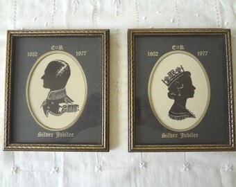 Queen Elizabeth & Prince Philip Silhouettes Vintage Framed Silver Jubilee Royal - Artist Les Rogalski - EnglishPreserves