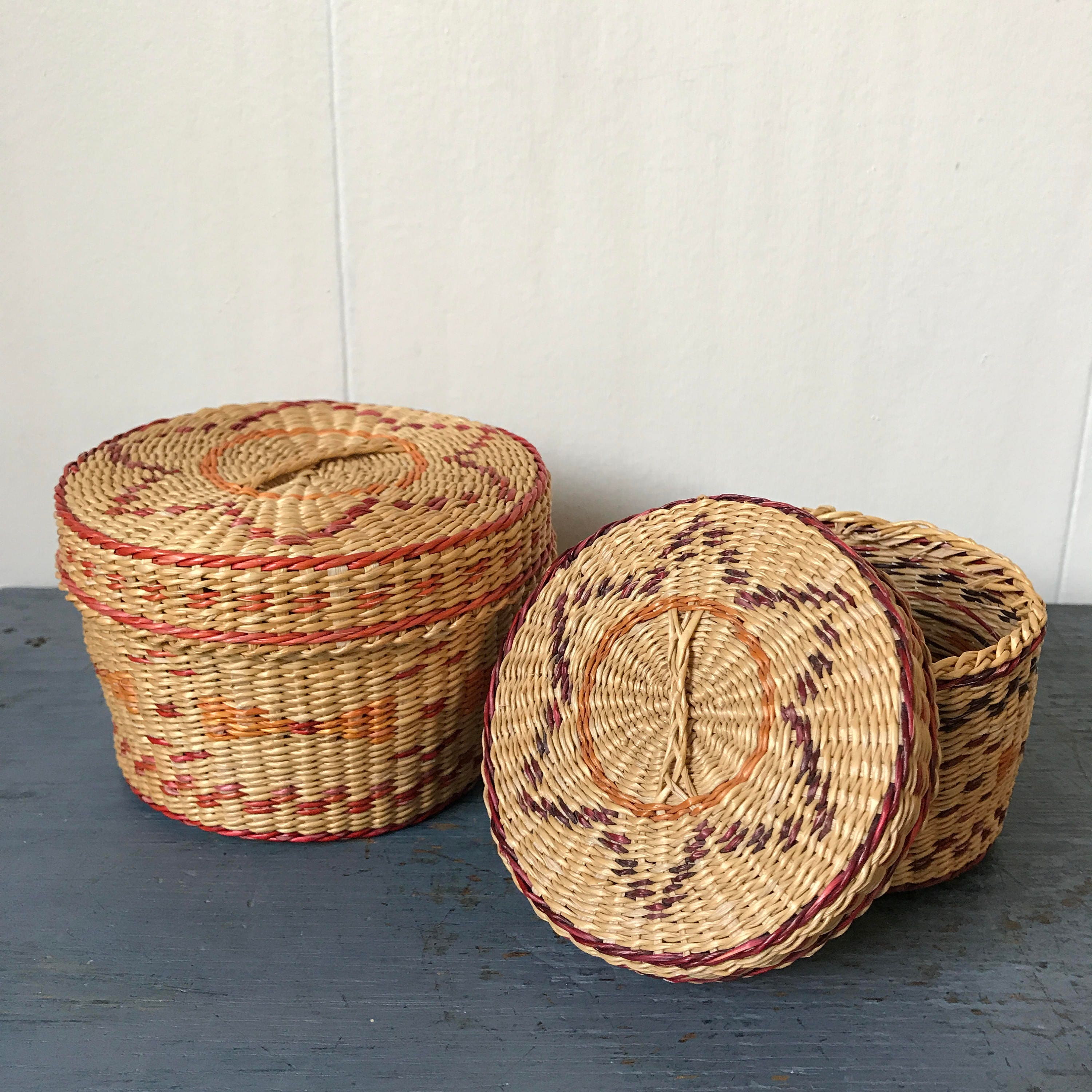 vintage nesting baskets round lidded woven grass basket