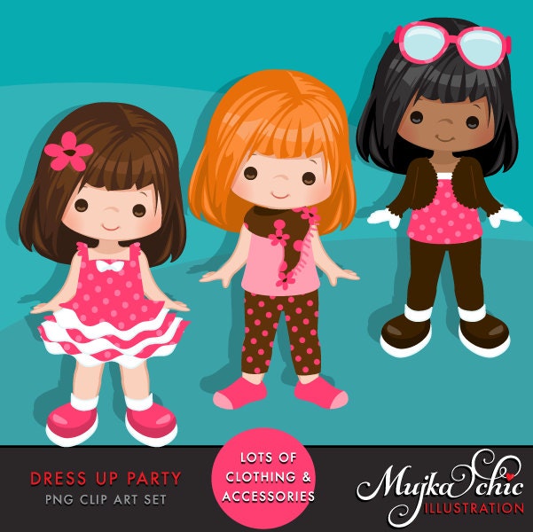 Dress Up Party Clipart. Little Girls Dressing Party Graphics