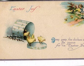 Easter postcard- darling Easter chicks, hat box and child vintage Easter post card