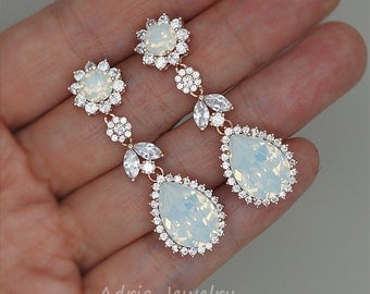 Chandelier Wedding Earrings, White Opal Earrings, Rose Gold Bridal Earrings Swarovski Rhinestone Jewelry Strass Hochzeits Ohrringe