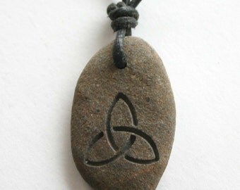 Triquetra Symbol Engraved River Rock Trinity Stone Necklace