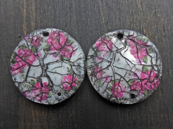 Altered mop earring pairs with floral decals and crackles, double sided.