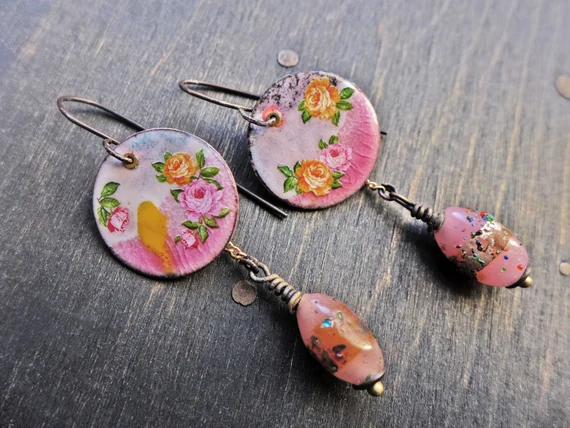 Pink enamel earrings, handmade artisan dangles, "A Dalliance"