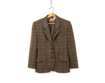 Vintage Brown Wool Fitted Blazer Tweed Jacket Leather Button Up Blazer Preppy Fall Coat 1990s Modern Equestrian Prep Jacket Womens 4 Small