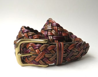 Lands' End vintage Earth Toned Woven Leather Belt with Gold Metal Buckle / Made in Turkey