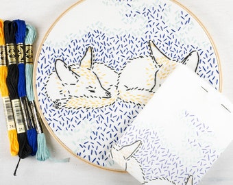 DREAMING FOXES embroidery kit - hand embroidery kit, foxes, twins, nursery art, embroidery hoop art, beginner embroidery kit by StudioMME