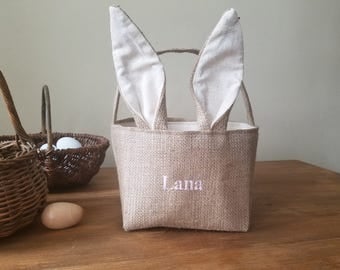 free shipping -burlap bunny easter basket - embroidered - personalized - bunny ears - easter decoration - rabbit - spring
