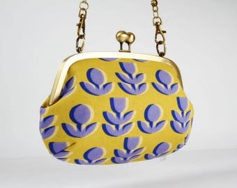 Metal frame purse with shoulder strap - Retro flowers in yellow and blue - Swing purse / Japanese fabric / Ellen Baker / Paint