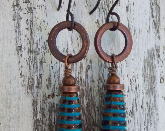 Blue Glass and Copper Bohemian Earrings Rustic Woodland Dangle Drop Czech Glass Boho Earrings
