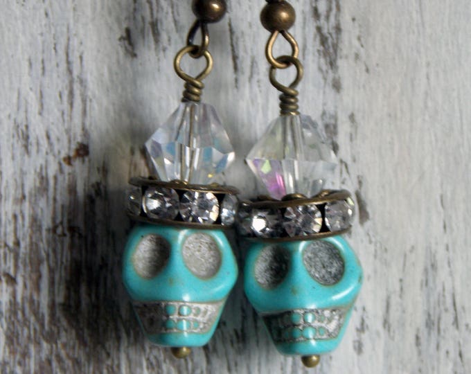 Turquoise Sugar Skull Earrings Day of the Dead Festive Earrings Rhinestone Goth Blue Skull Dangle Boho Earrings