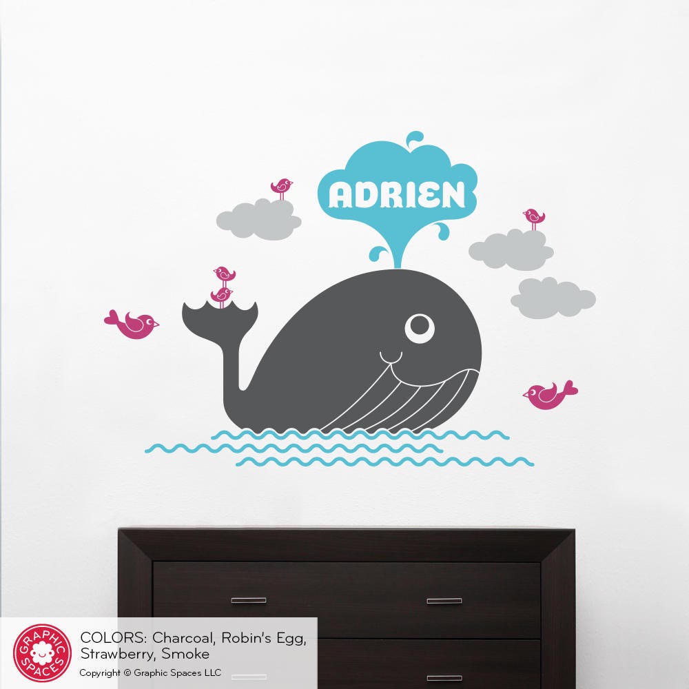 Whale Name Wall Decal Personalized Water Spout Baby Nursery