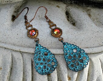 Bohemian Chandelier Earrings, Aqua, Sunset Orange, Hippie Earrings