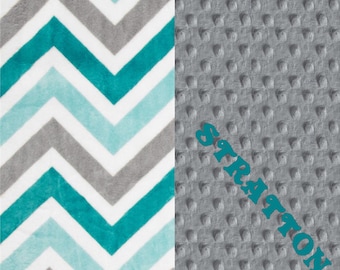 Minky Baby Blanket Boy, Personalized Baby Blanket // Topaz Teal Blue Gray Chevron Stroller - Double Minky Blanket