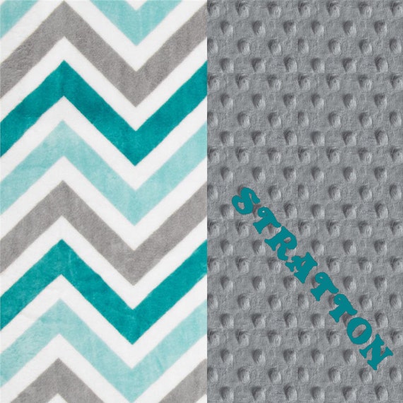 Minky Baby Blanket Boy, Personalized Baby Blanket // Topaz Teal Blue Gray Chevron Stroller - Double Minky Blanket