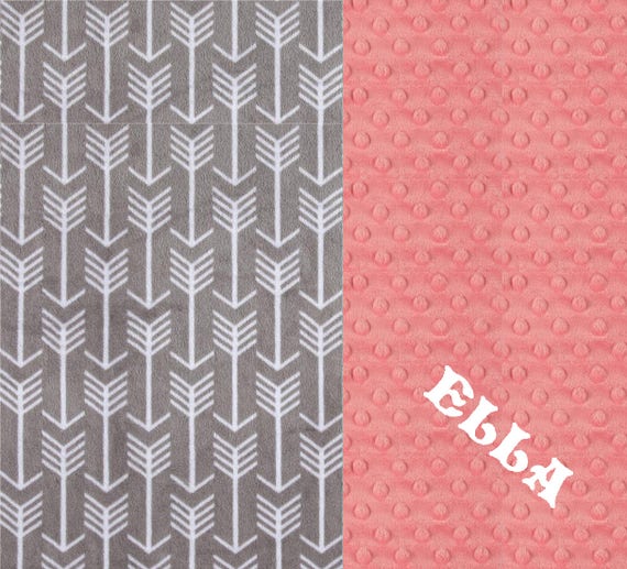 Personalized Baby Blanket - Minky Baby Blanket Girl, Arrow Blanket - Silver Gray Coral Blanket - Stroller Blanket - New Baby Gift