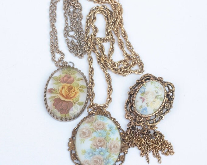 Last Chance Sale Three Piece Floral Design Lot 2 Necklaces 1 Brooch Porcelain Transfer Glass Vintage