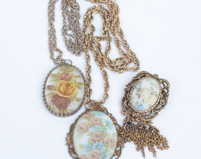 Last Chance Sale Three Piece Floral Design Lot 2 Necklaces 1 Brooch Porcelain Transfer Glass Vintage