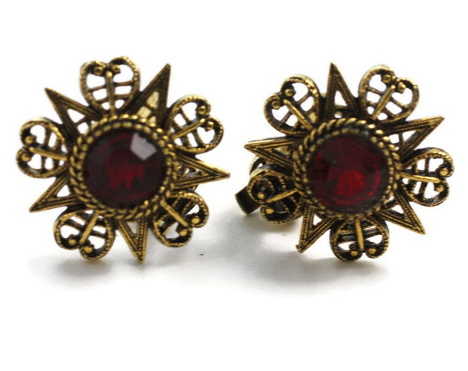 Star and Heart Earrings Red Faceted Center ART Signed Antiqued Gold Tone Finish