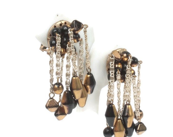 Hobe Dangle Cascade Earrings Two Tone Black Gold Beads Vintage