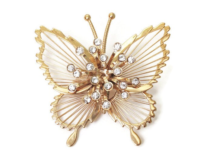 Monet Spinneret Butterfly Brooch Clear Rhinestones Gold Tone Vintage