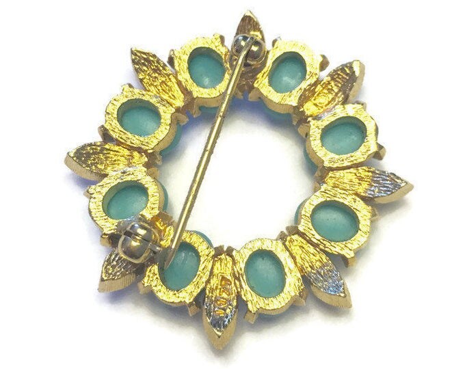 Simulated Turquoise Circle Pin Gold Tone Accents Designer Signed D'Orlan Vintage