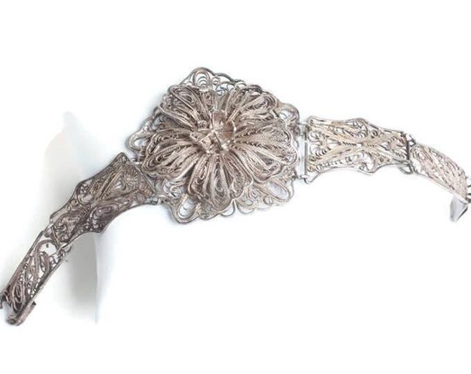 Silver Filigree Floral Bracelet Large Flower Center For Smaller Wrist Vintage