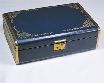 Vintage Jewelry Box Sewing Box Teal and Gold