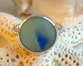 Blue & Aqua Sea Glass Sterling Silver Ring - Genuine Beach Marble Fragment - CAT'S EYE - Size 6-3/4
