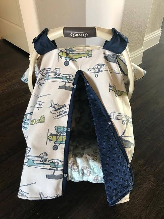 Baby Car Seat Cover Vintage Airplane In Gray Blues And