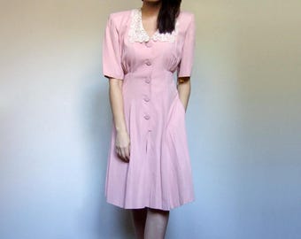 Pink Jumpsuit Womens Romper Vintage Lace Collar 80s Romper with Pockets - Large L