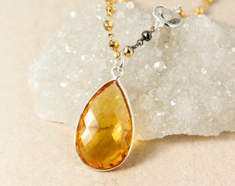 Golden Citrine Quartz Necklace - Gold, Black, Silver Pyrite Chain - Crystal Quartz, Layering Necklace