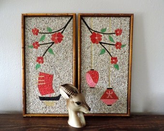vintage asian gravel art MCM pink cherry blossom mid-century oriental pebble art wall hanging