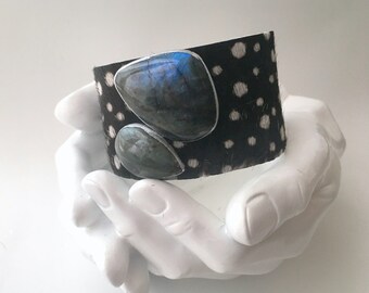 leather cuff bracelet - spotted hair on hide with two labradorite stones- 1.5" wide