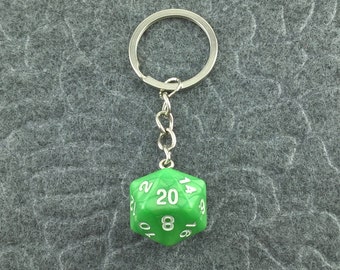 Green Pearl D20 Keychain, Green D20 keychain, Dice Keychain, Dungeons n Dragons Keychain, Pathfinder, Dungeouns and Dragons Keychain