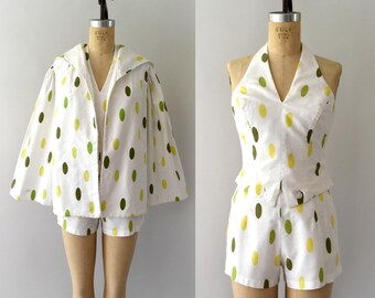 Vintage 1950s Swimsuit Set - 50s Green Polka Dot Cotton Three Piece Playsuit Set