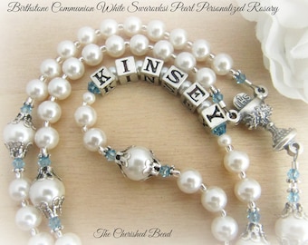 Birthstone Crystal and Pearl Personalized Girl's Communion Rosary