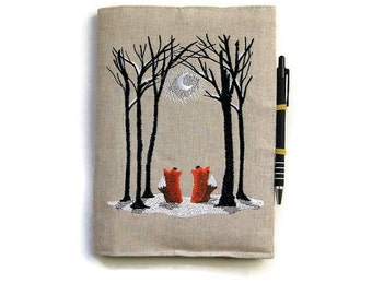 A5 notebook and pen, fox notebook, fox gift set, personalised journal cover, embroidered linen two foxes in a moonlit winter woodland scene.