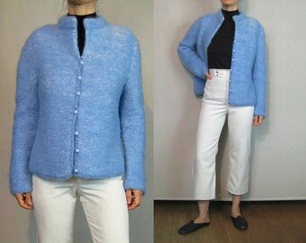 60s Cornflower n White Mohair Cardigan / Light Blue Mohair Cardigan / Blue Mohair Sweater / Marled Wool Cardigan