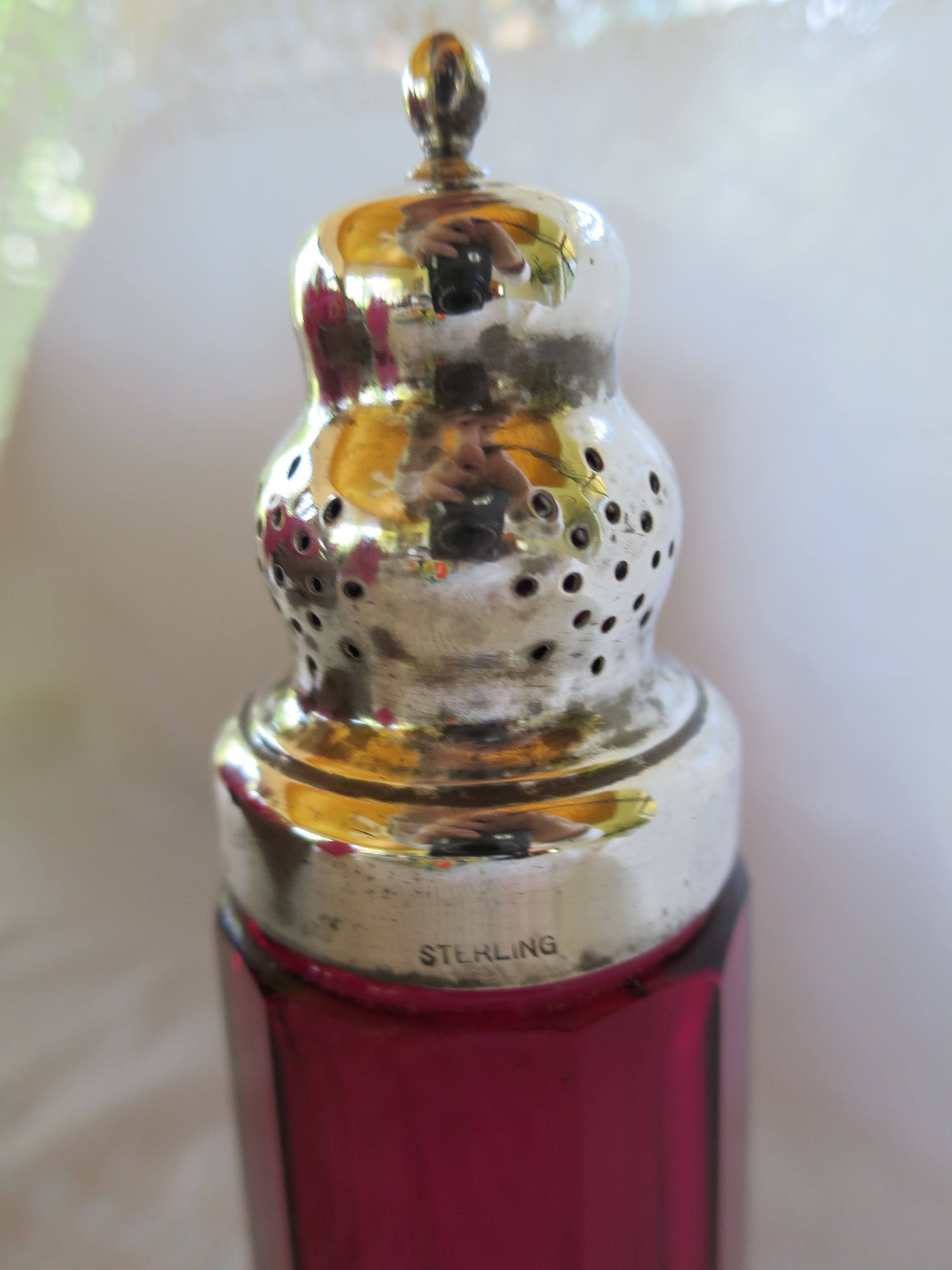 Antique Cranberry Glass Sugar Shaker Victorian Era Powdered
