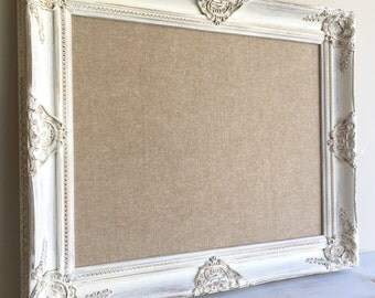 Fabric MEMO BOARD Gallery Wall Linen Board Tan White Distressed Wood Rustic Wall Organizer Kitchen Framed Magnet Board Cork Board Texture