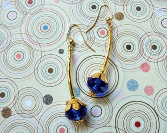 Sapphire Blue and Gold Flower Drop Earrings (3227)