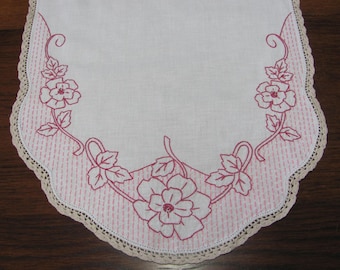 Vintage Hand Embroidered Pink Floral Table Runner Dresser Scarf With Crochet Trim