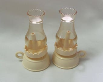 Vintage Cream Plastic Hurricane Lamp Lantern Salt & Pepper Shaker Set Pair