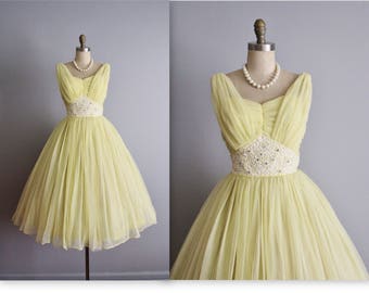 50's Beaded Dress // Vintage 1950's Beaded Lemon Chiffon Wedding Prom Dress S