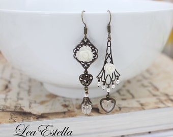 Asymmetrical Earrings Art Deco earrings Victorian earrings Edwardian earrings Old world charm White floral earrings - Romantic Heart
