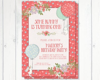 Some Bunny Birthday Invitation, Printable, Girls First Birthday Invitation, Bunny Rabbit Birthday, Party Invite, Easter, Bunny and Balloons