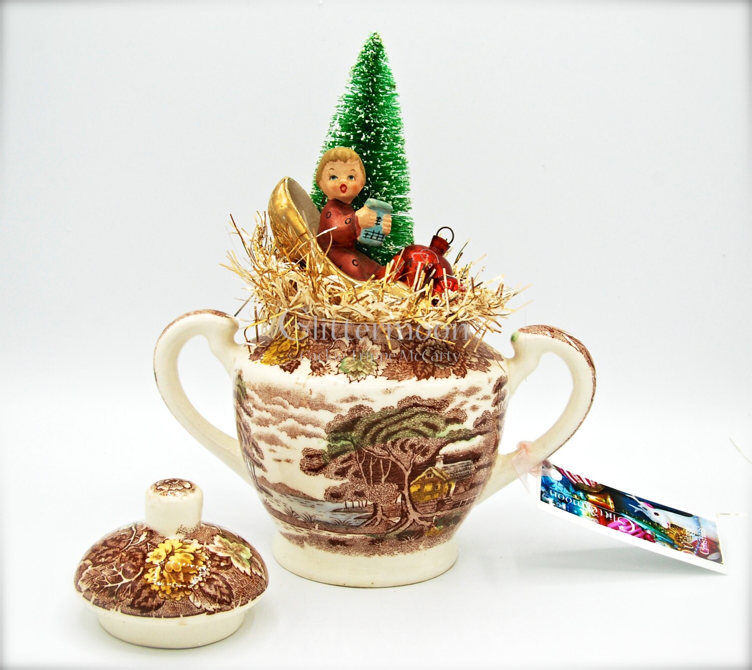 Vintage Holiday Tabletop Decor Christmas Scene in a Sugar