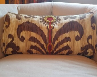 pillow cover in brown and yellow ikat print